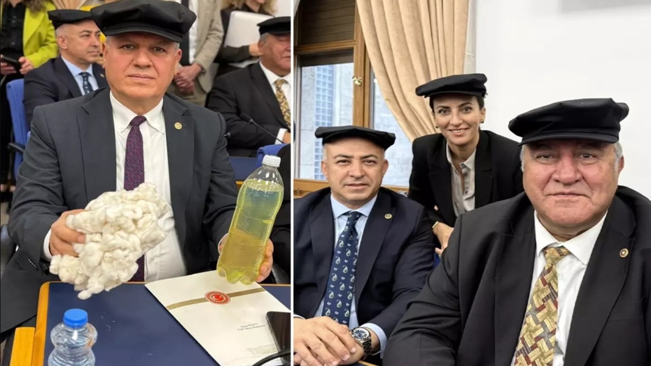 CHP’li Vekillerden bütçede kasketli protesto: Buğday ve pamukla salona girdiler